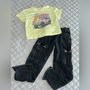 Tilly’s Yellow Graphic Ford T-Shirt & Black Full Tilt Pants Size 7/8 S